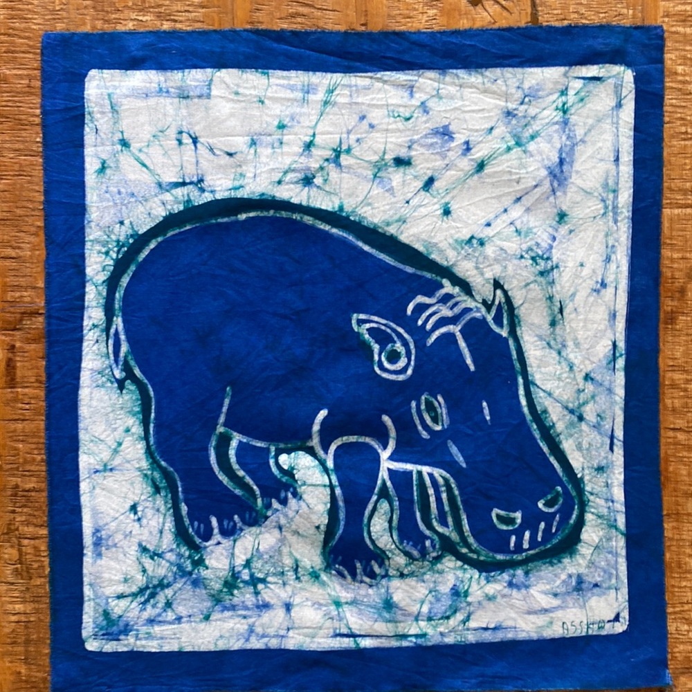 African Batik Hippo Hand Dyed Fabric Panel by Artist Theodore Asshola